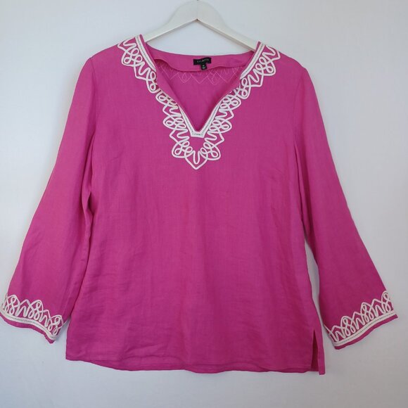 Talbots Tunic Embroidered Linen Fuchsia Pink Boho Top Womens Medium - Picture 6 of 8